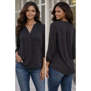 New Van Heusen Blouse Popover Top XXL Black White Print Long Sleeve